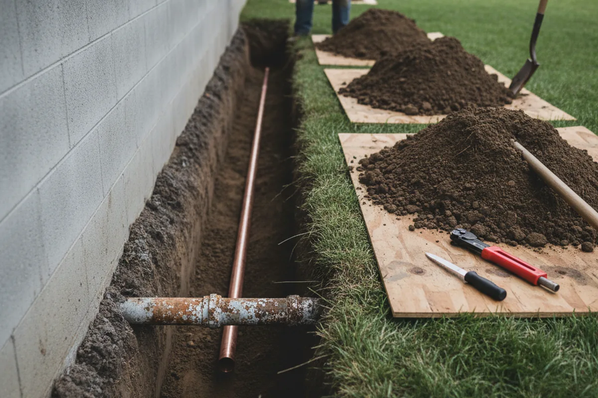 Excavated water line trench during Water Heater Repair in Summit Station